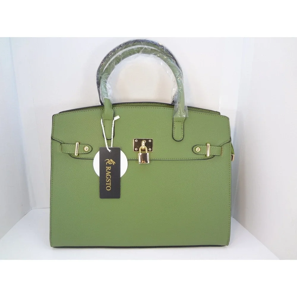 Ragsto Satchel Handbag Wallet Set Large Green New Pebbled Faux‎ Leather Padlock